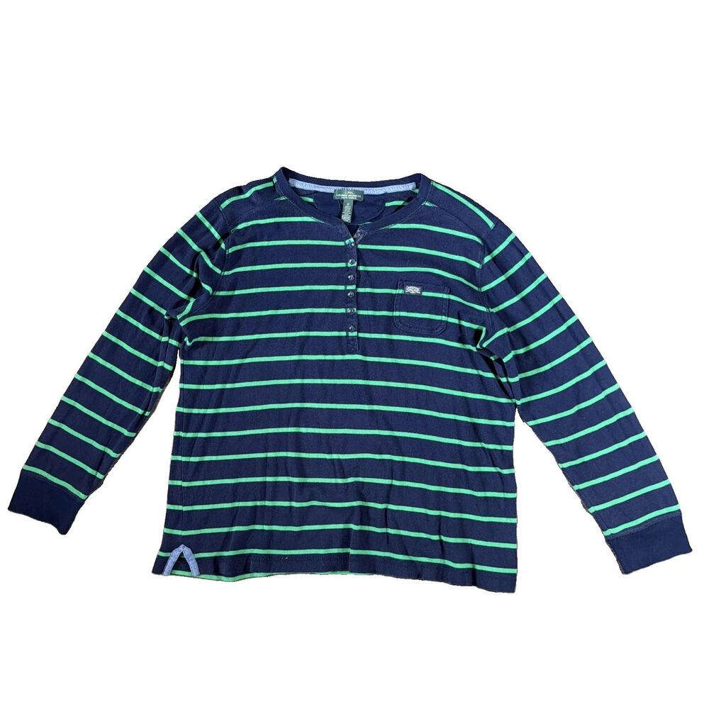 LRL Lauren Jeans Co Ralph Lauren Sz 1X Stripe Henley Shirt Preppy Rugby Navy Grn